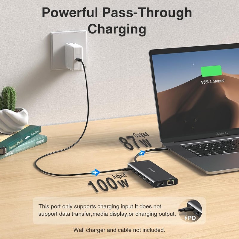 ABIWAZY USB C Docking Station 3 Monitors USBC Hub Laptop Dual Monitor Multiport Adapter Dock Dongle,USBC to 2 HDMI,4K DisplayPort,PD Charging,Ethernet,7 USB-C/A Ports,SD/TF,Audio for Dell/HP/Lenovo(Black) - Image 5